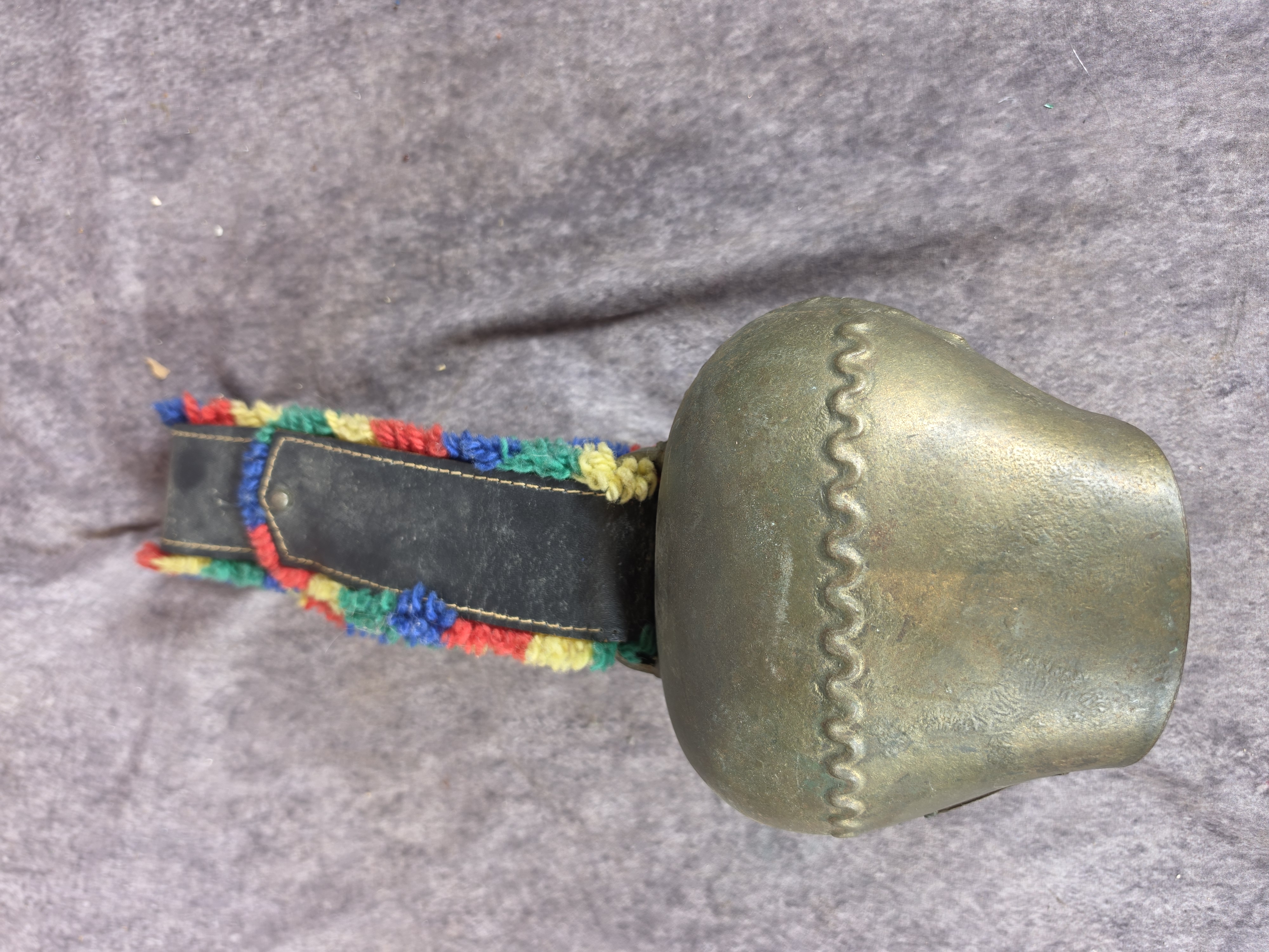 Large Hand Hammered Alpine Cowbell with Fringed Leather Collar