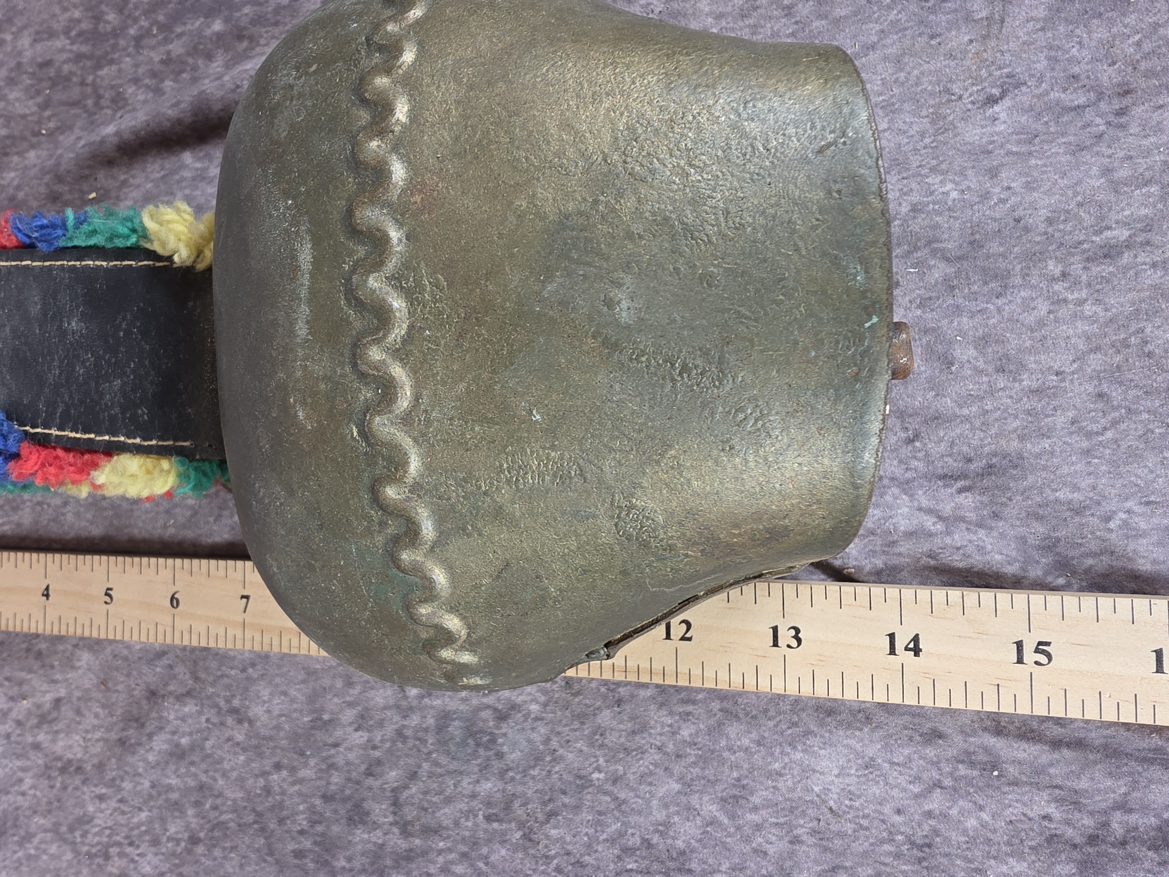 Large Hand Hammered Alpine Cowbell with Fringed Leather Collar