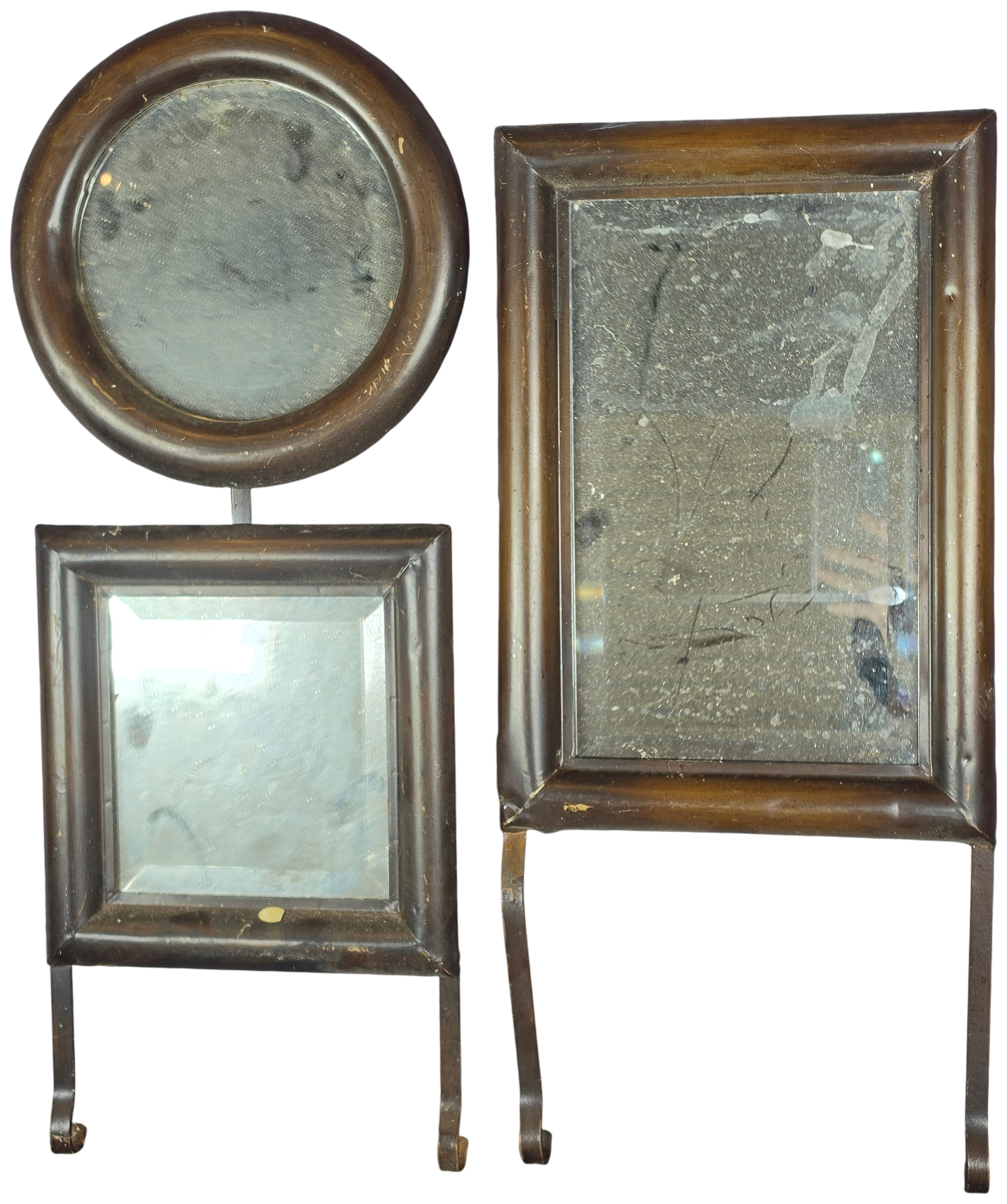 Three Wall Hanging Geometric Mirrors with Metal Faux Wood Frames