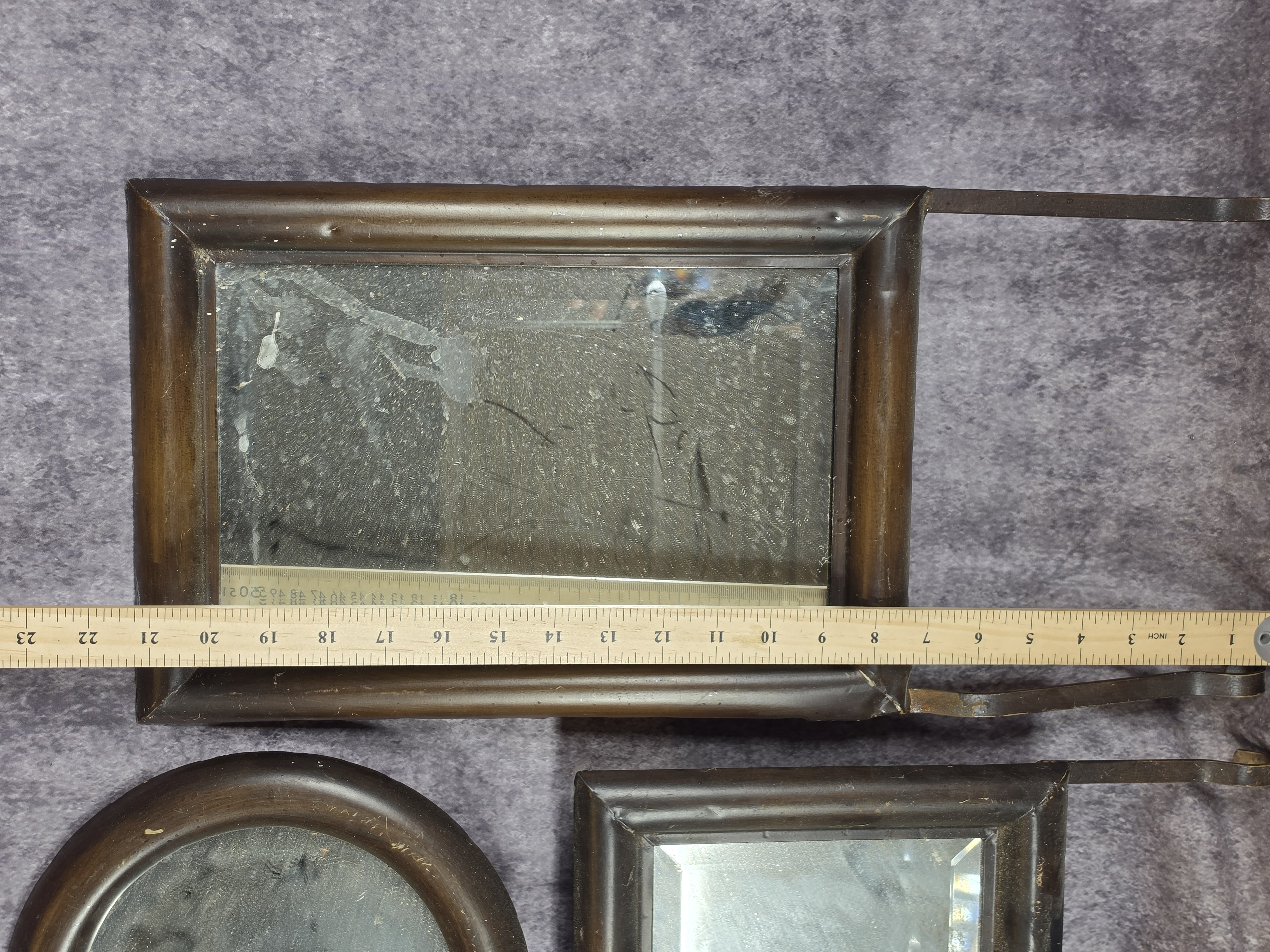 Three Wall Hanging Geometric Mirrors with Metal Faux Wood Frames
