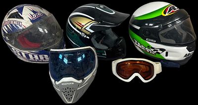 A Collection of Speed and Strength, Polaris, Arctic Cat, and Empire Protective Sports Headgear. P 