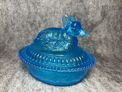 Translucent Blue Pressed Glass Covered Fox on Nest Dish. Shipping is available on this lot. 