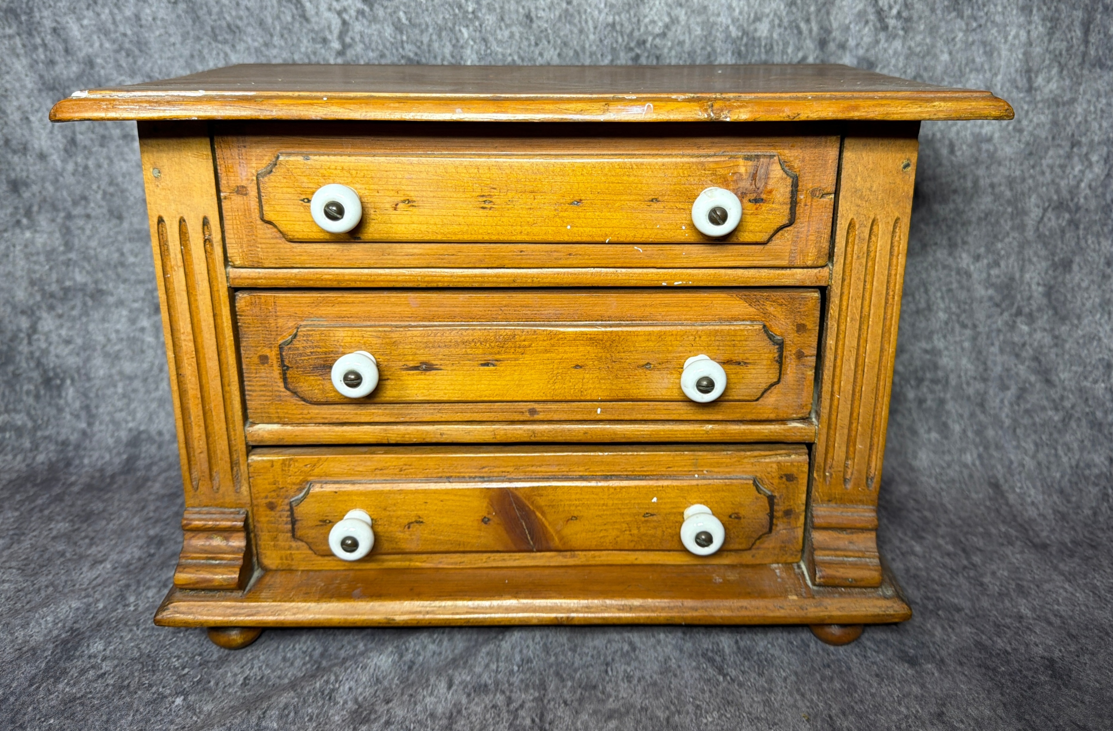 Miniature Softwood Three Drawer Chest with Porcelain Knobs