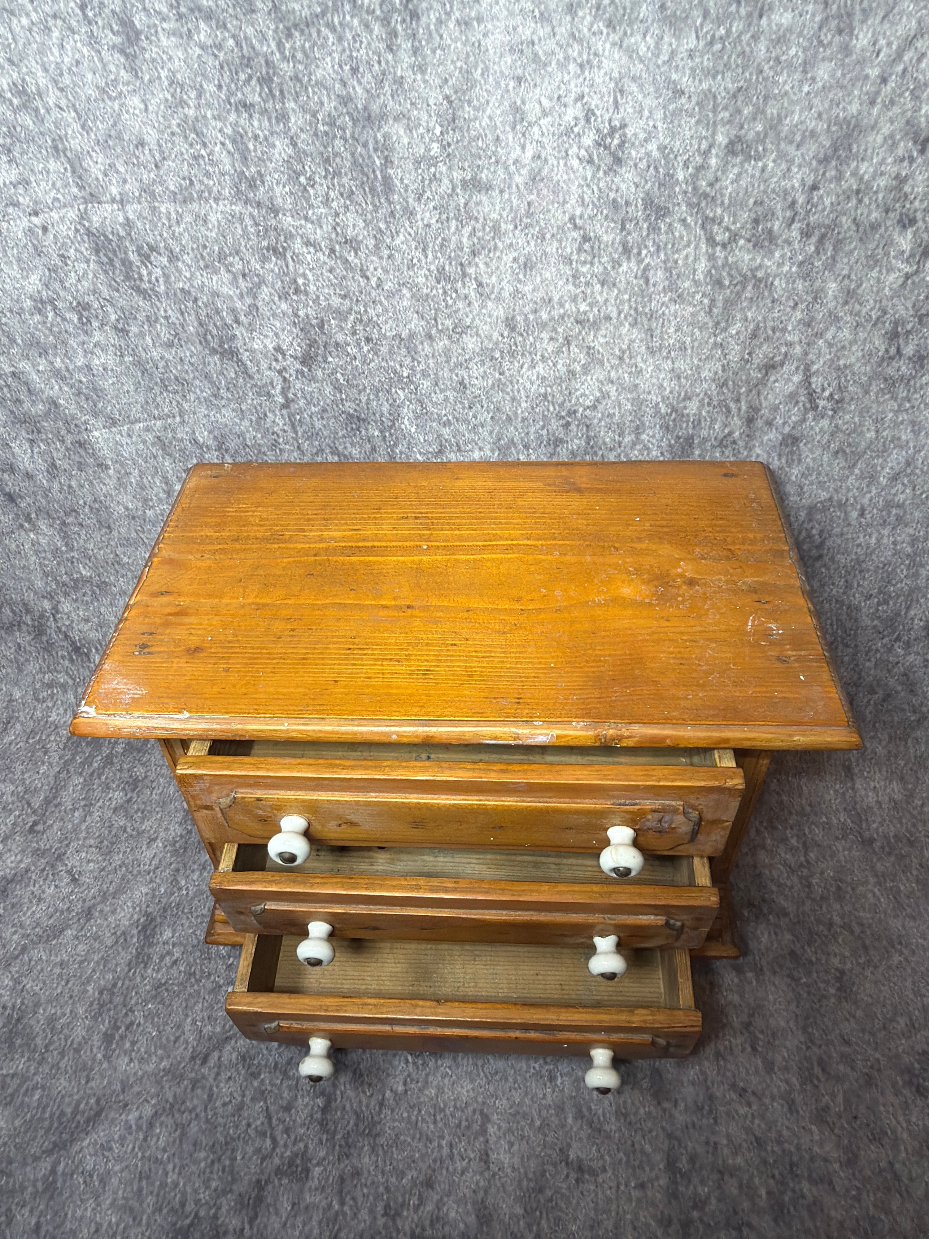 Miniature Softwood Three Drawer Chest with Porcelain Knobs