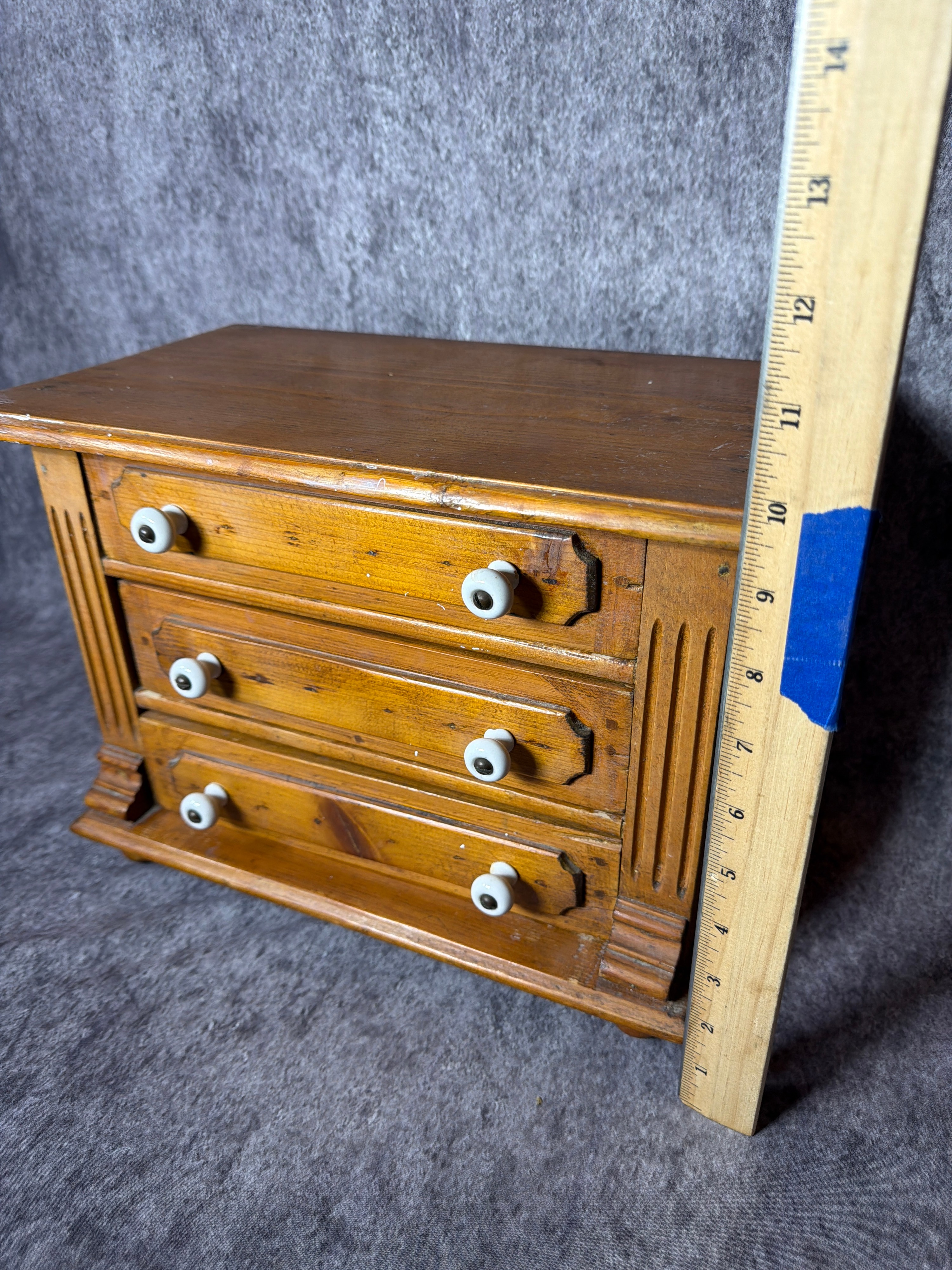 Miniature Softwood Three Drawer Chest with Porcelain Knobs