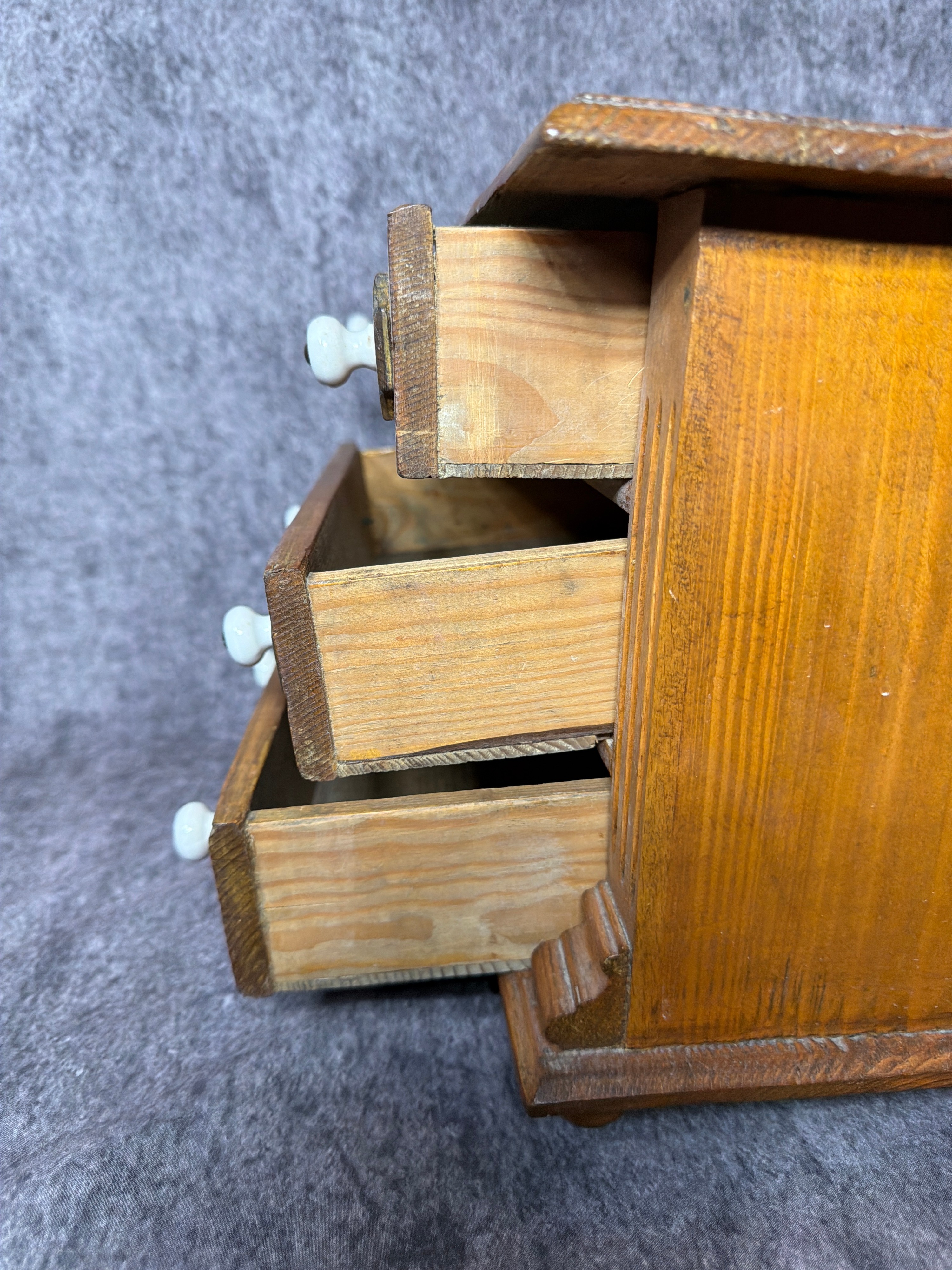 Miniature Softwood Three Drawer Chest with Porcelain Knobs