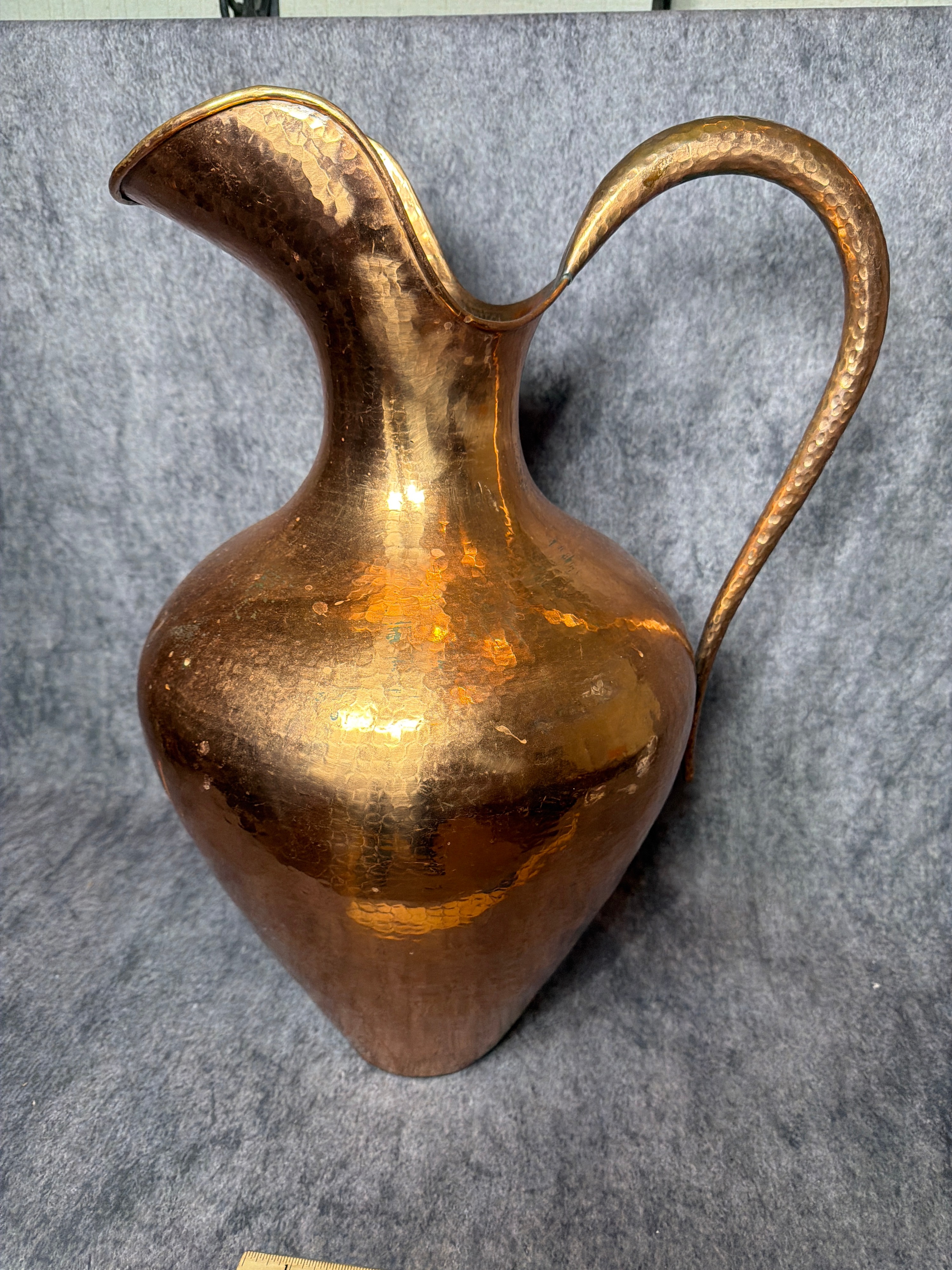 Large Hand Hammered Copper Pitcher with Elongated Handle