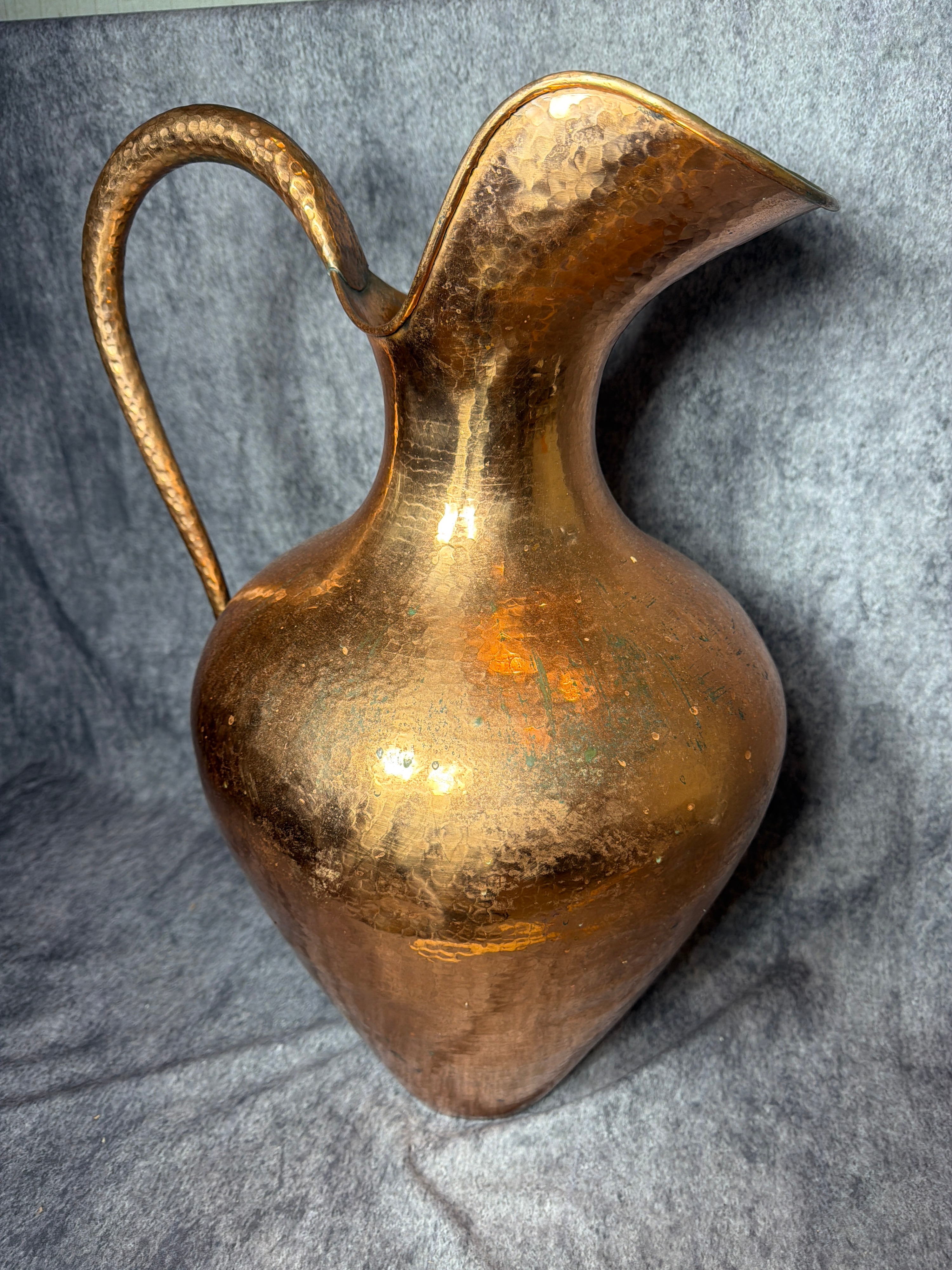 Large Hand Hammered Copper Pitcher with Elongated Handle