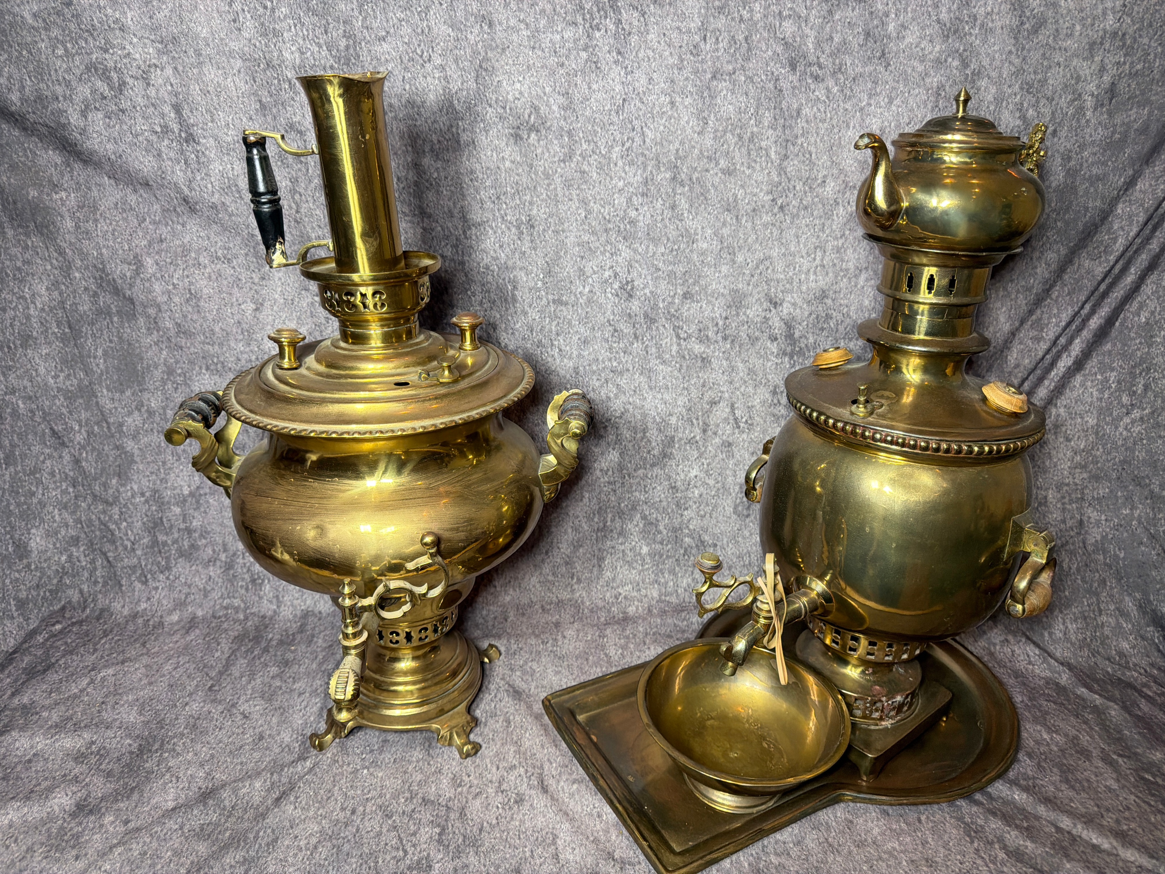 Two Brass Samovars with Accessories