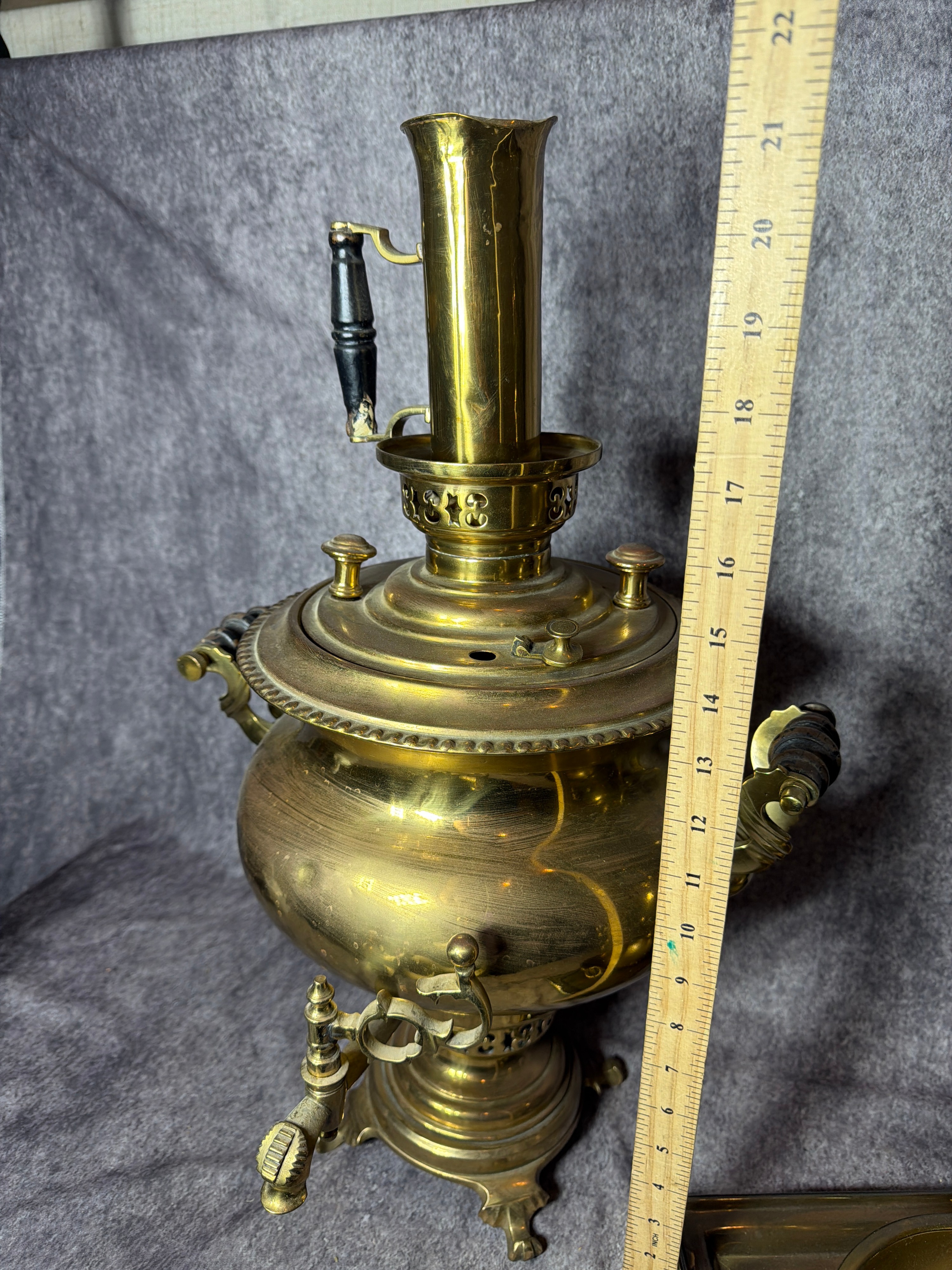 Two Brass Samovars with Accessories