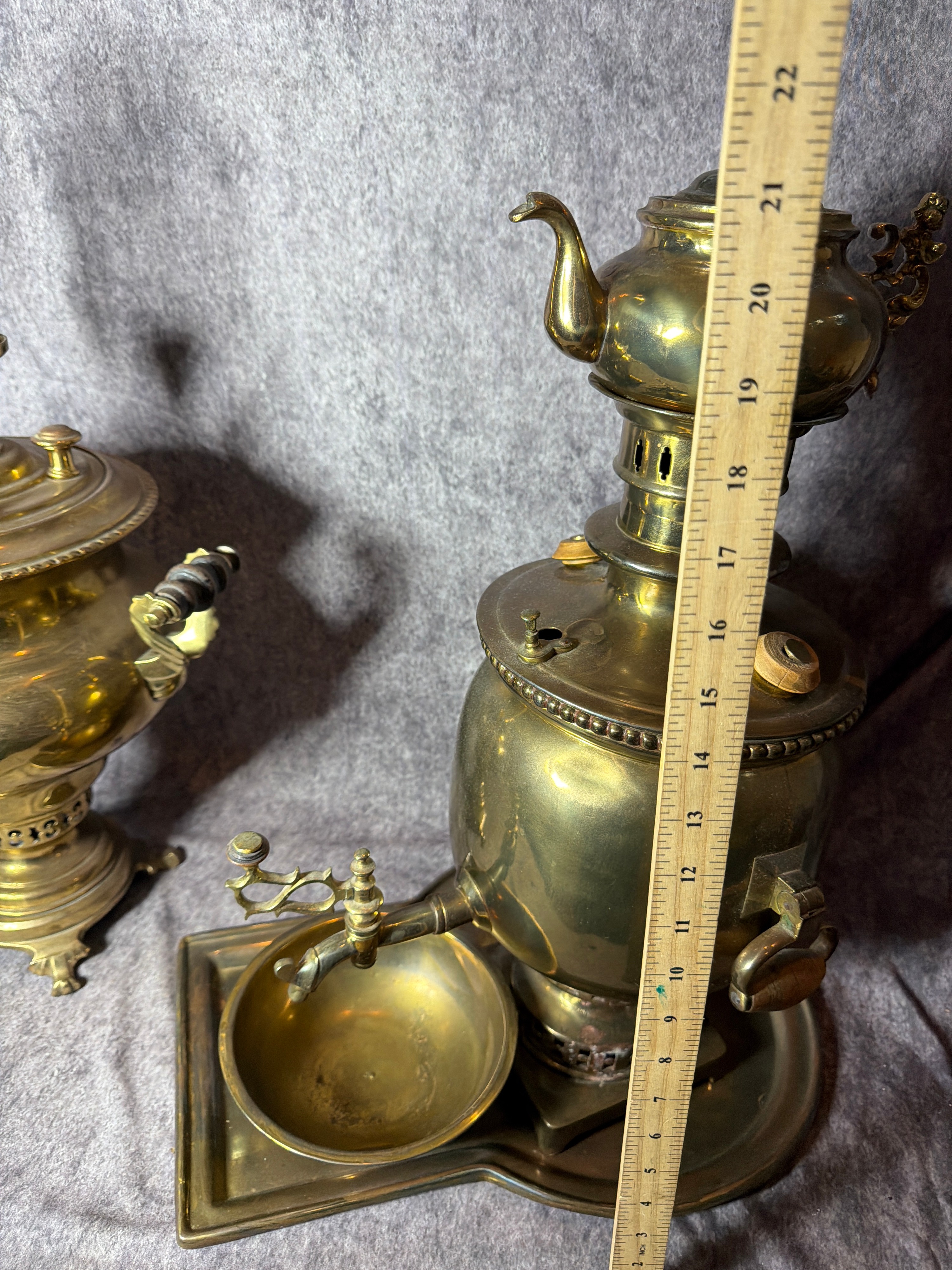 Two Brass Samovars with Accessories