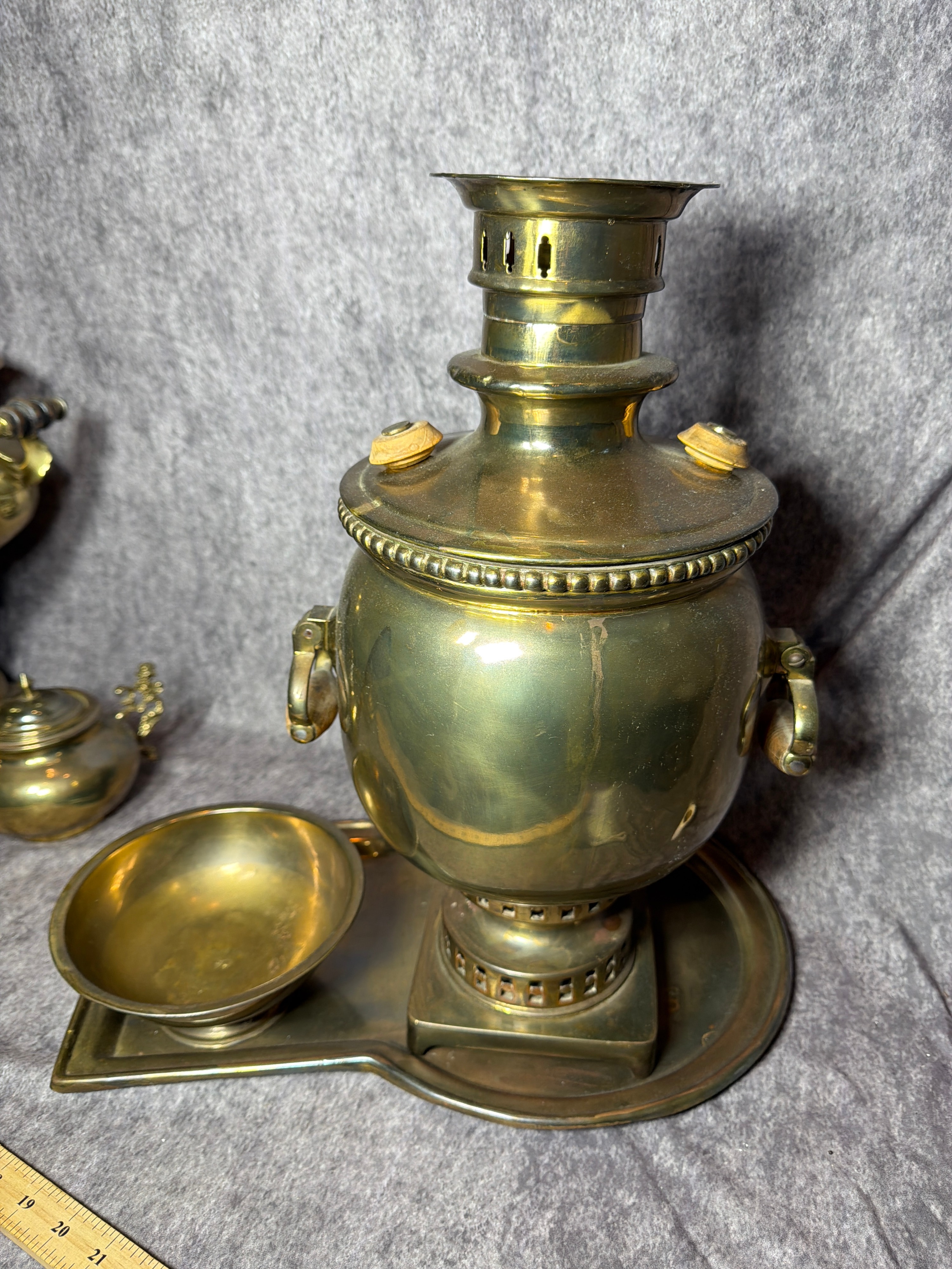 Two Brass Samovars with Accessories