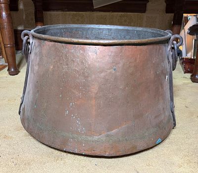 Large 19th Century Hand Hammered Copper Cauldron with Wrought Iron Handles. YOU MUST ARRIVE, PAY 