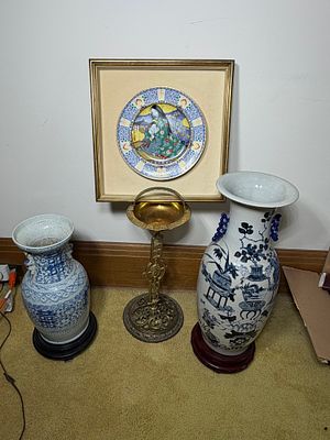 A Collection of Asian Decorative Arts Including Two Blue and White Porcelain Vases A 