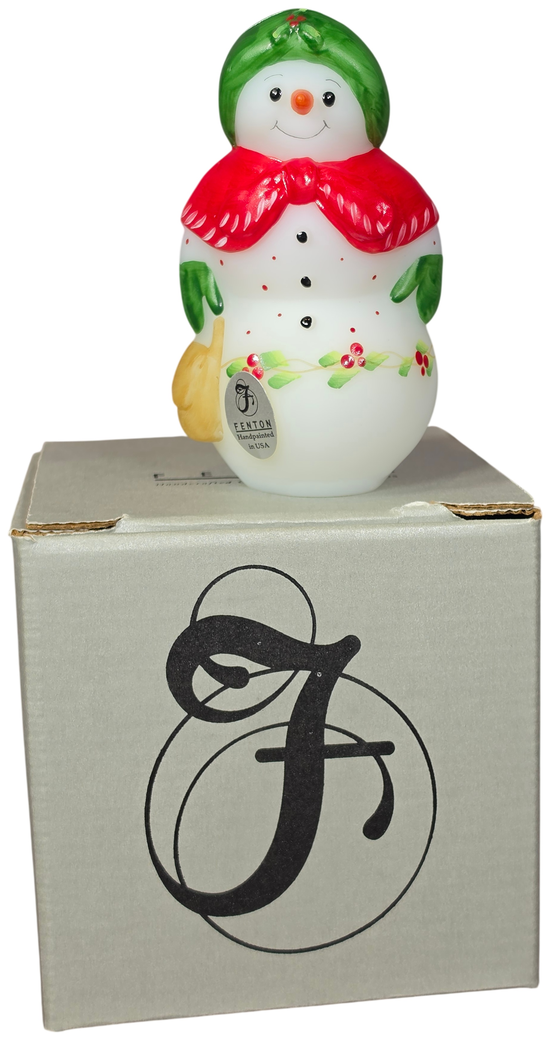 Fenton Hand Painted Satin Glass Snowman Figurine Signed A. Duncan