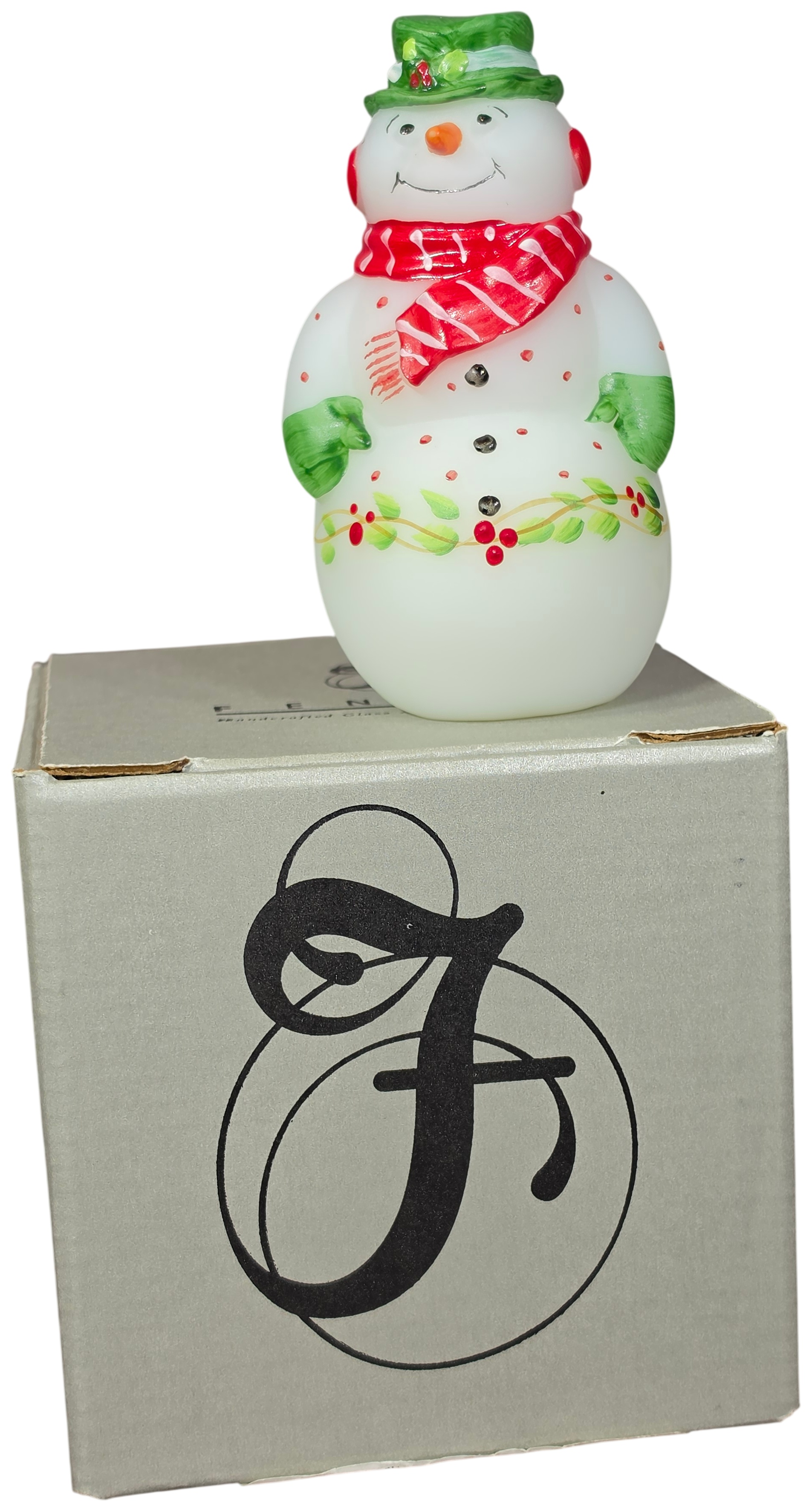 Fenton Hand Painted Satin Glass Snowman Figurine Signed D Fredrick