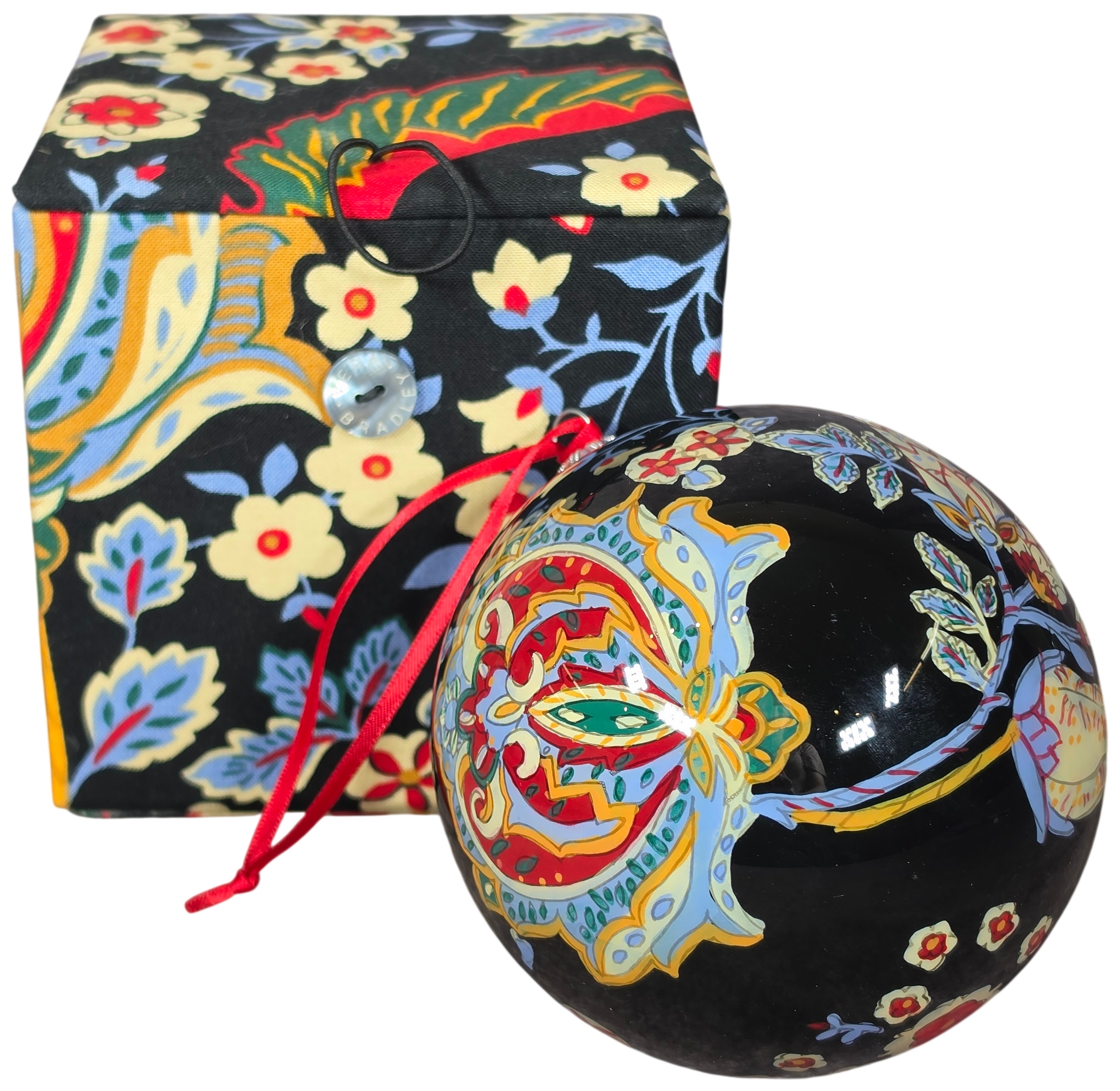 Vera Bradley Versailles 2010 Christmas Glass Ball Ornament and Fabric Storage Box