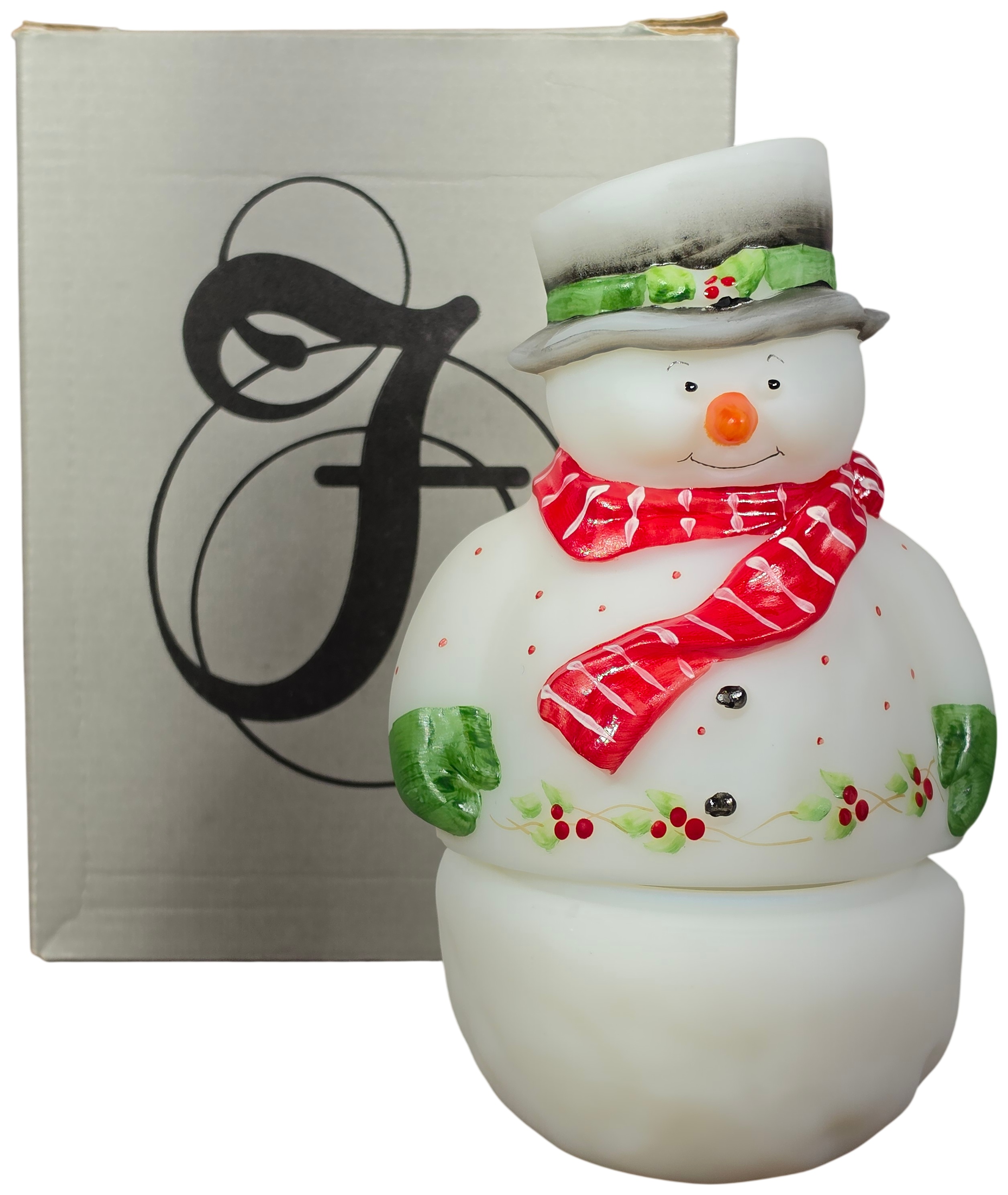 Fenton Art Glass Hand Painted Snowman Fairy Lamp with Original Box