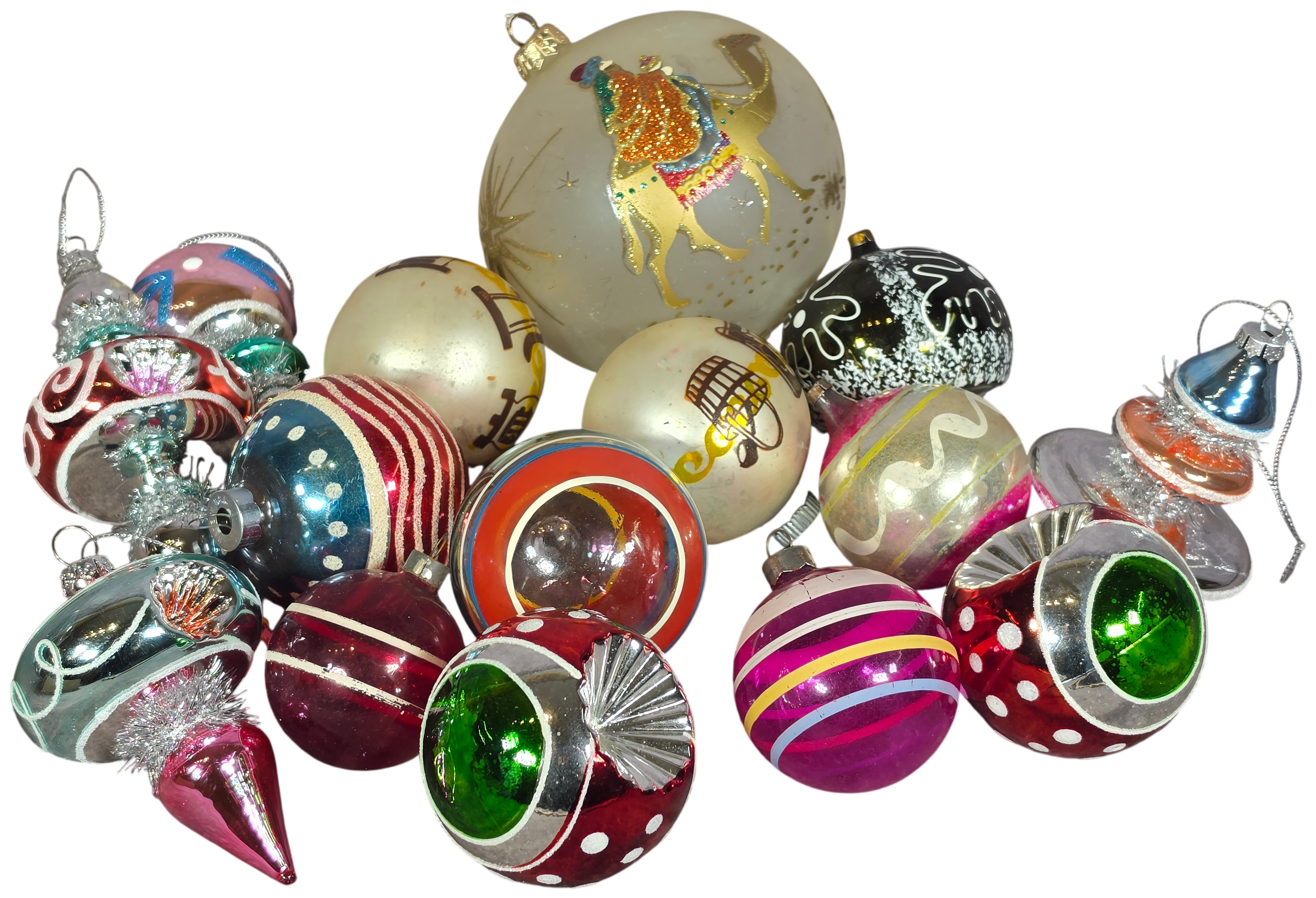 Vintage Glass Christmas Ornaments Including a Large Frosted Camel Ball and Stenciled Examples