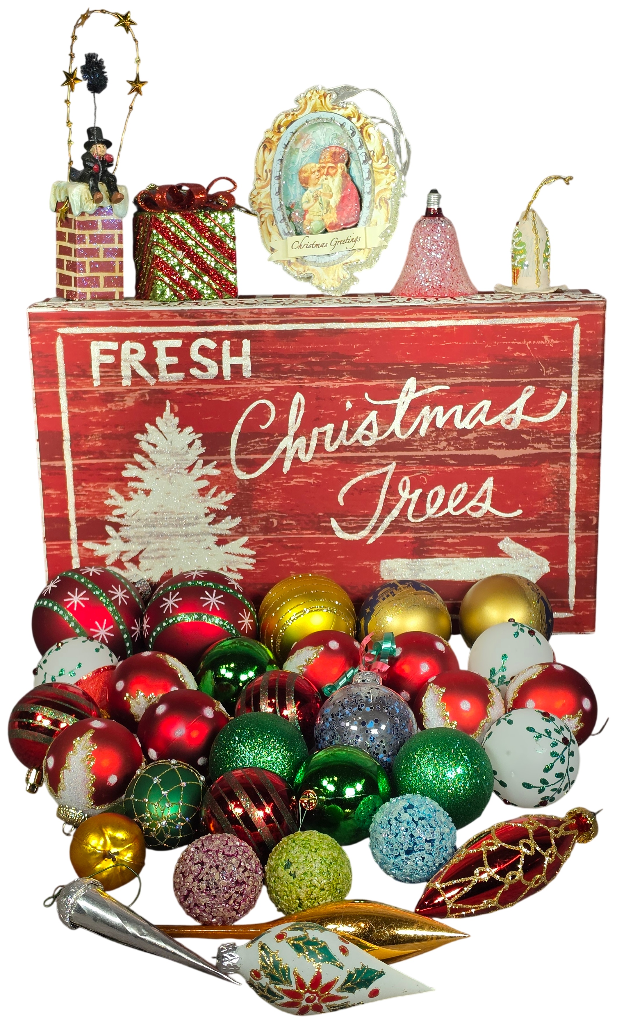 An Assortment Christmas Tree Ornaments with Decorative Storage Box