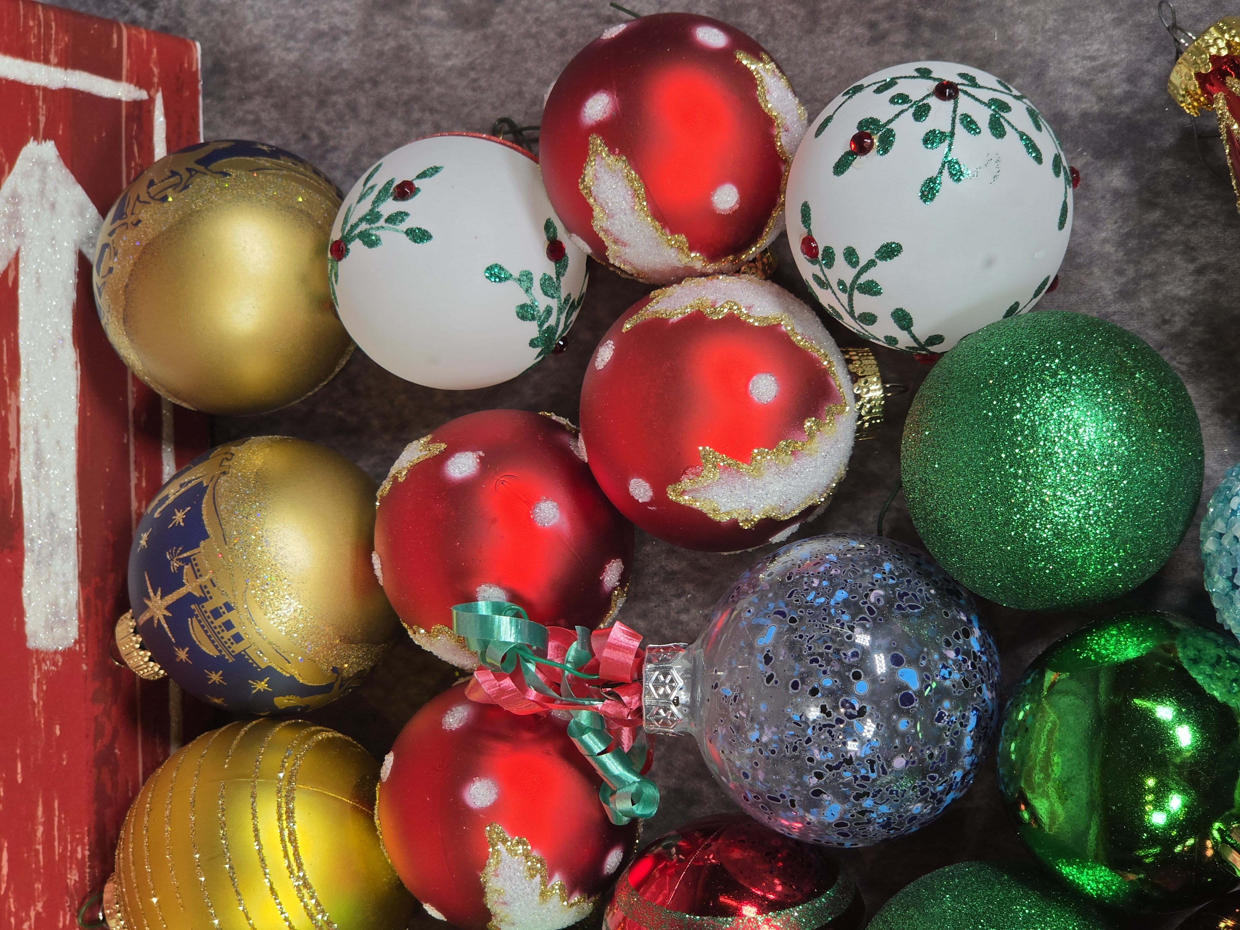 An Assortment Christmas Tree Ornaments with Decorative Storage Box