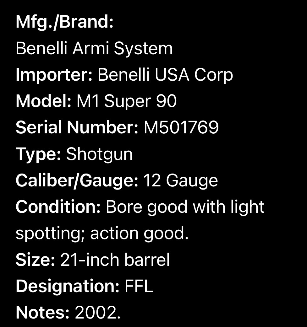 * Benelli M1 Super 90 Semi-Automatic Shotgun 12 Gauge with 21 Inch Barrel 2002