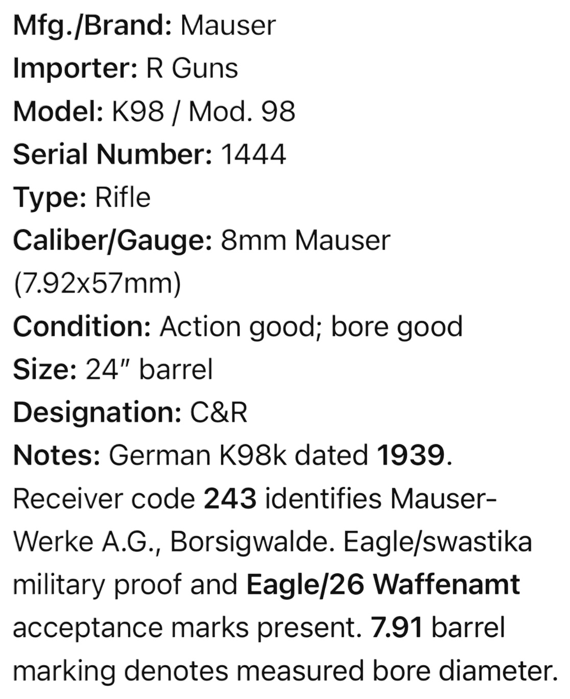 ** Russian Capture K98 German Mauser 243 Code 1939 Dated Kar98k Bolt Action Service Rifle