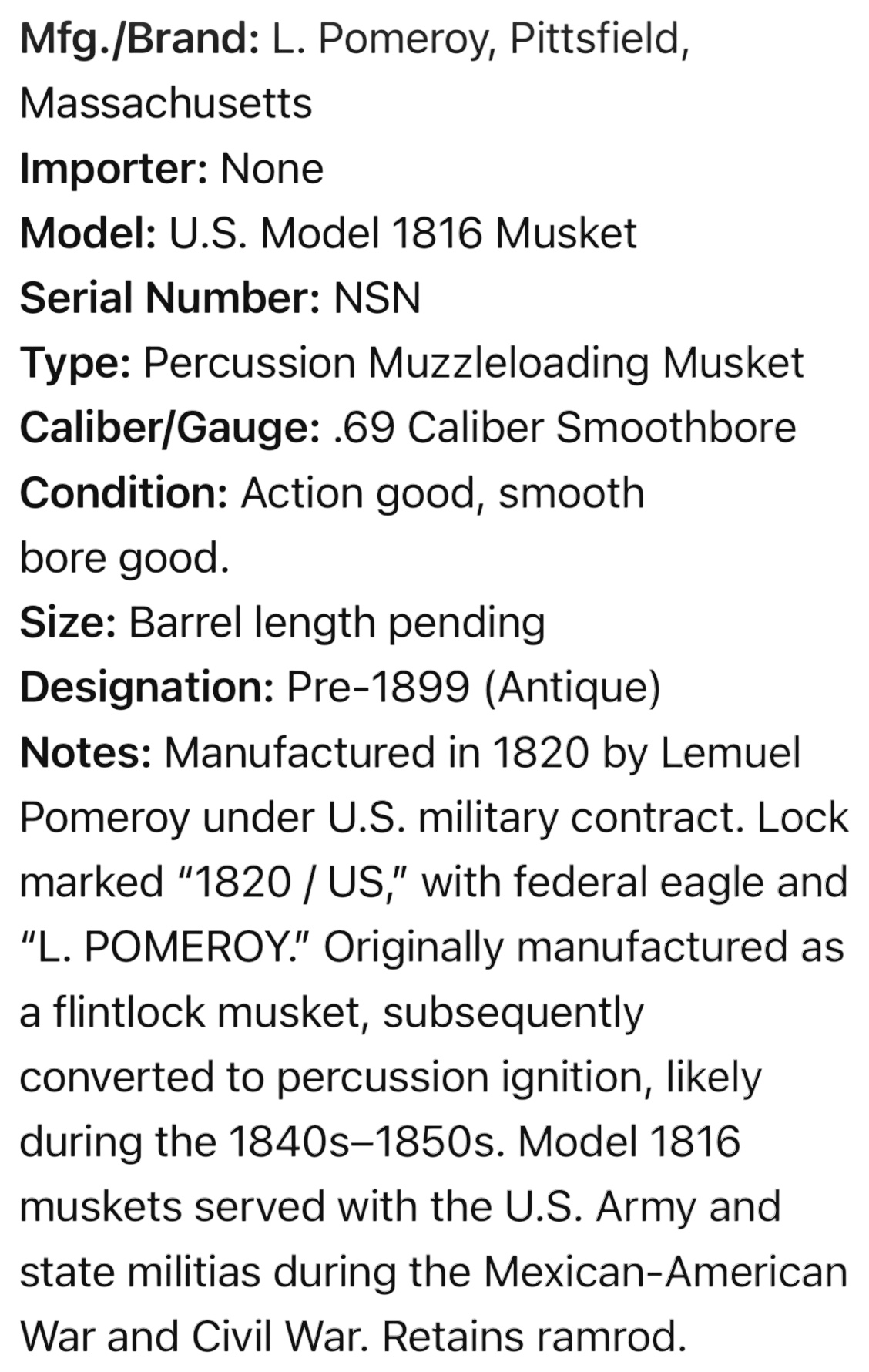 U.S. Model 1816 L. Pomeroy Percussion Conversion Muzzleloading Musket Dated 1820