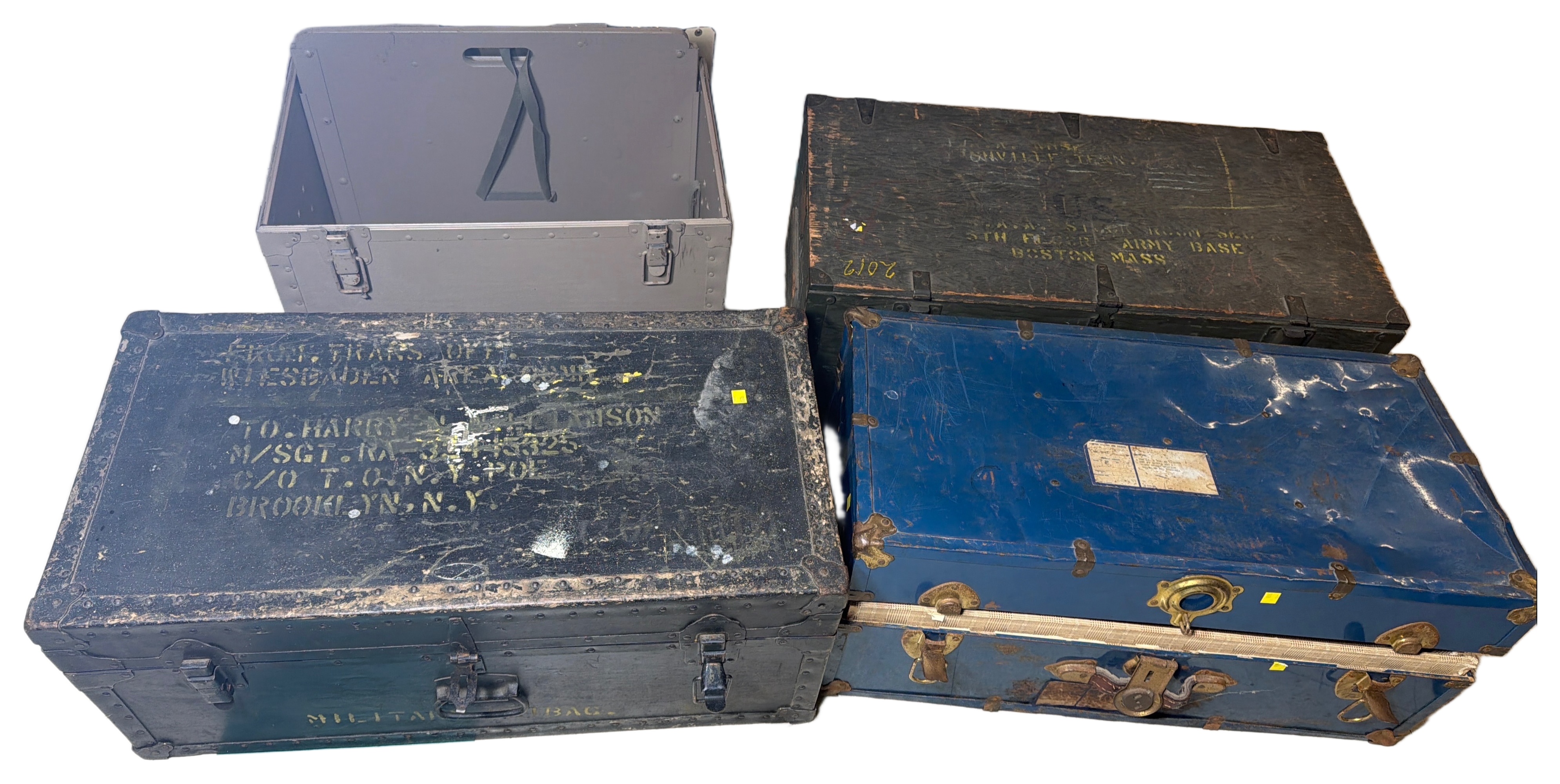 A Group of Five US Military Footlockers and Transit Cases Including a 1942 Dated Kleber Trunk and a Typewriter Case
