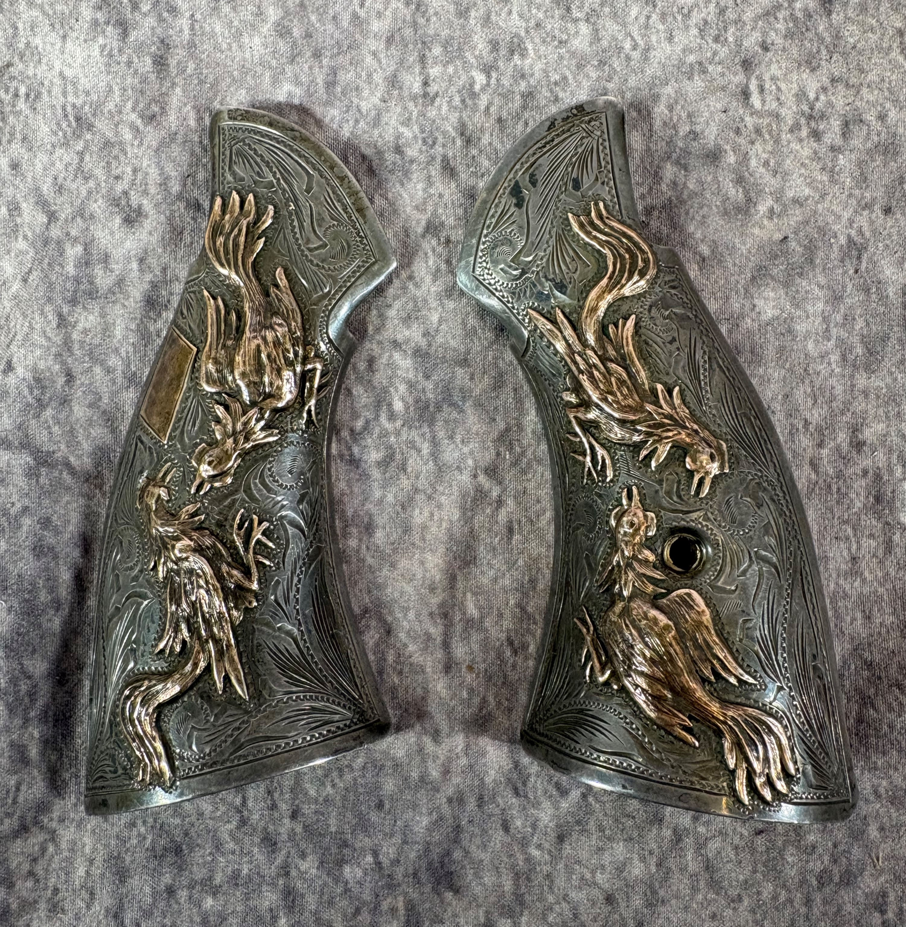 Mexican Sterling Silver & 10K Gold Fighting Rooster S&W K-Frame Grips, c. 1950