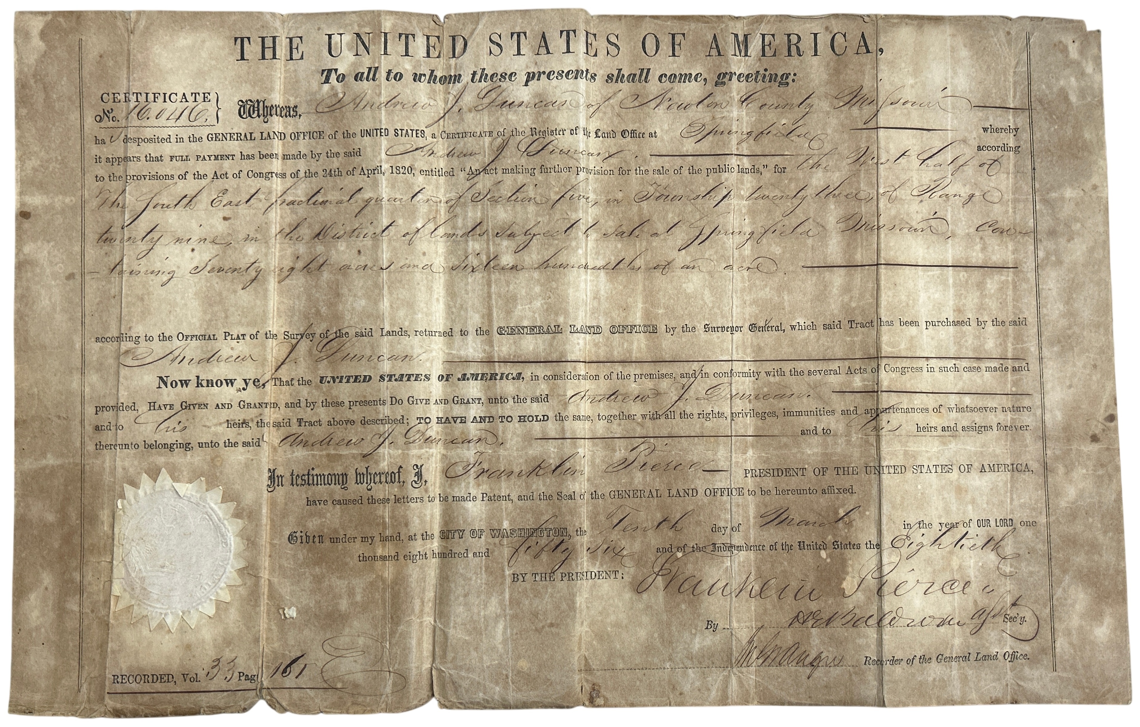 United States Land Grant, Missouri, 1856. President Franklin Pierce Secretarial Signature.