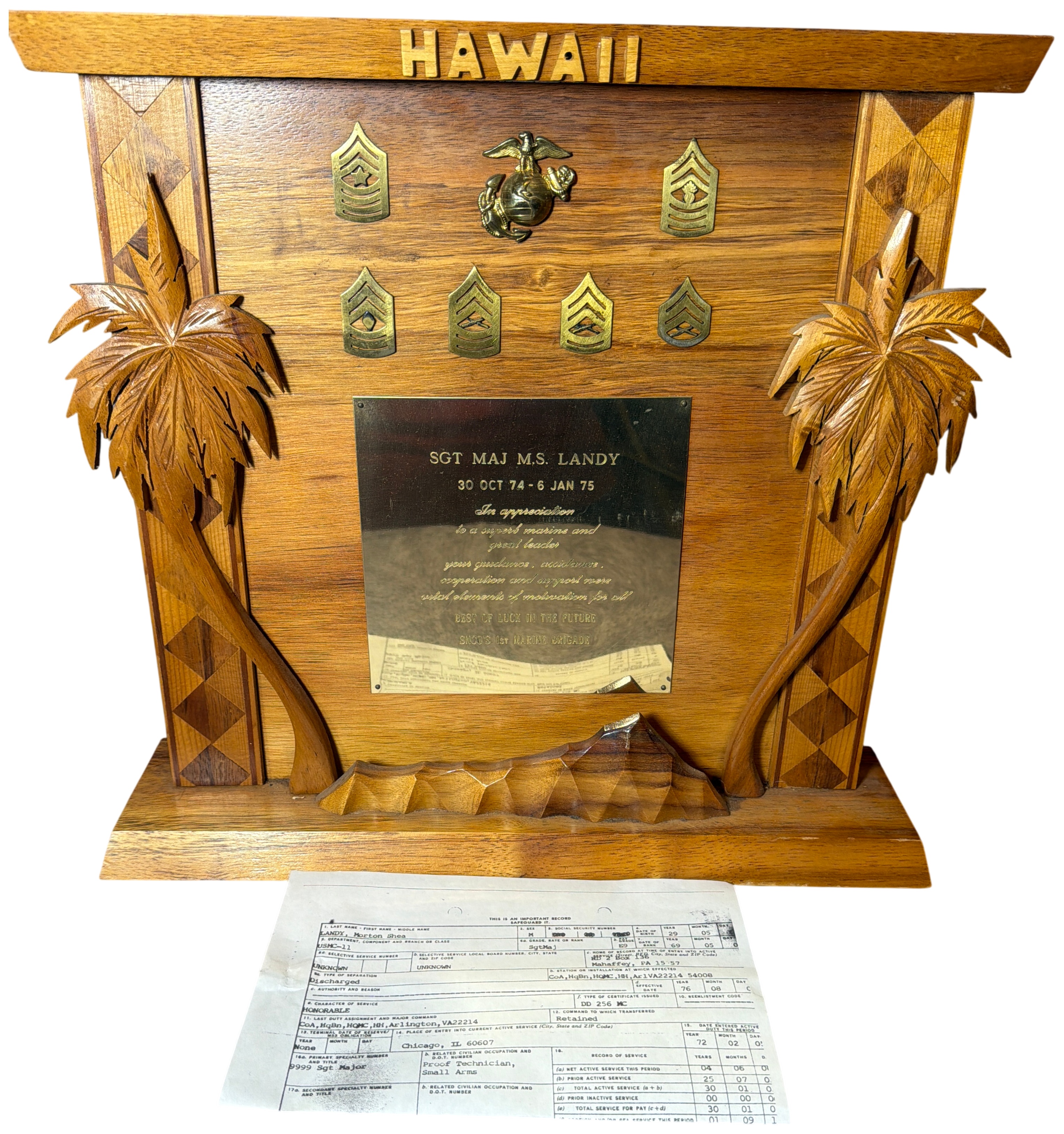United States Marine Corps Sergeant Major Morton Shea Landy Presentation Plaque and DD Form 214