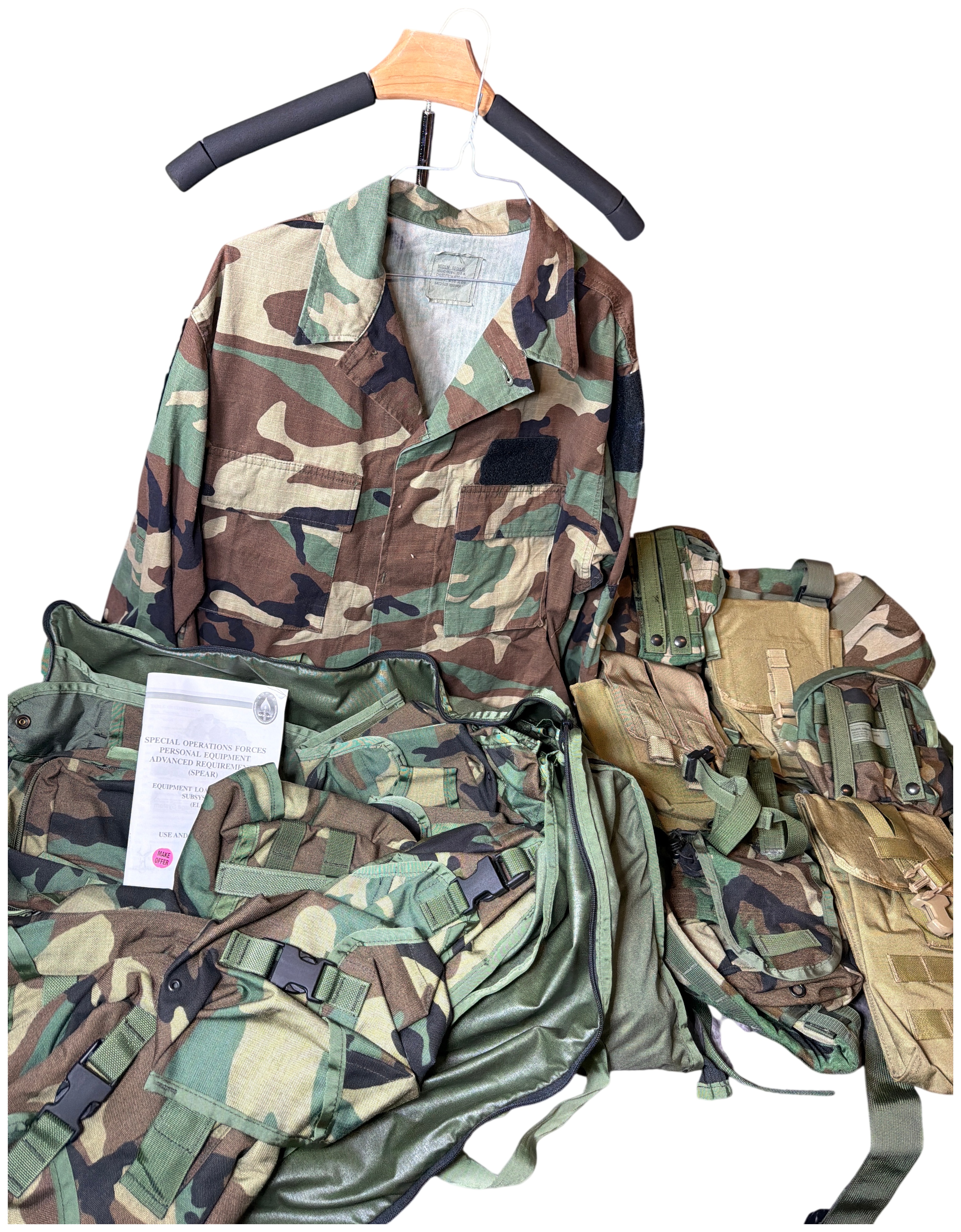 US Military SPEAR ELCS Load Carrying System and SEAL Modified Woodland Camouflage BDU Jacket