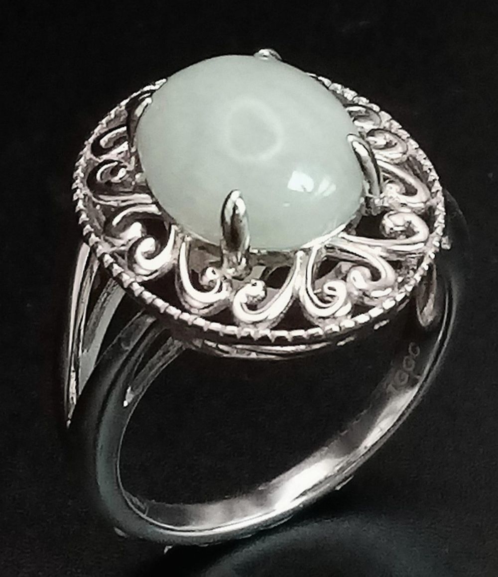 A New Sterling Silver and Green Prehnite Cabochon Filigree Design Ring Size S. The Crown 