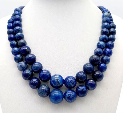 A Two Row Graduated Lapis Lazuli Beaded Necklace. 6mm - 16mm beads. 40-44cm necklace length.