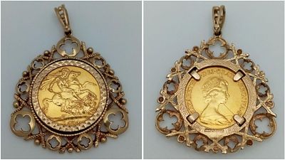 A 1974 22K Gold Elizabeth II Full Sovereign Pendant. 9K gold setting. 14.25g total weight.