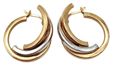 A Pair of 9K Yellow and White Gold Abstract Hoop Earrings. 22mm. 2.3g total weight.