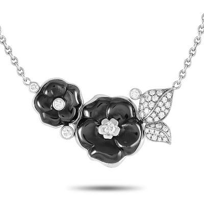 Chanel Camellia 18K White Gold Ceramic and Diamond Necklace. Embodying Parisian style, features 