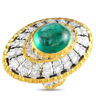 18K Yellow and White Gold 2.18ct Diamond and Emerald Art Deco Ring. This two-toned ring 
