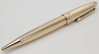 A Montblanc Meisterstuck Geometry Gold Plated Ballpoint Pen. 14cm. In working order. Comes with 
