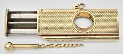 A 9K Yellow Gold Cased Cigar Lighter. Metal inner. 5.5cm. 15g total weight. Ref: 019155. UK 
