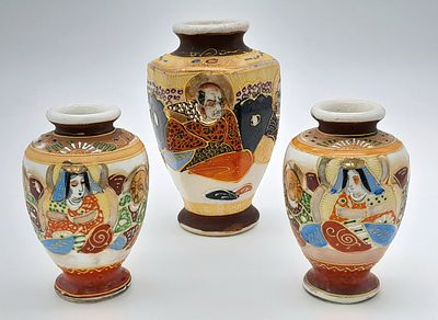 Three Vintage Hand-Painted Japanese Satsuma Vases. 13cm largest piece.