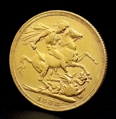 An 1888 Queen Victoria, 22K Gold, Full Sovereign Coin. London mint. Second legend. Close 'G'. C-1002