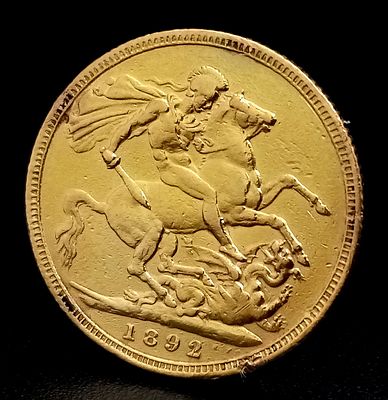 An 1892 Queen Victoria, 22K Gold Full Sovereign Coin. Melbourne mint. C-1012.