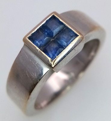AN 18K WHITE GOLD SAPPHIRE CLUSTER RING, 0.48CT SAPPHIRE SIZE, 8.9G TOTAL WEIGHT, SIZE K 1/2.