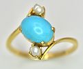 An 18k yellow gold turquoise and pearl ring. 8x6mm turquoise cabochon, 3.3g total weight, size Image - 1