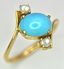 An 18k yellow gold turquoise and pearl ring. 8x6mm turquoise cabochon, 3.3g total weight, size Image - 2