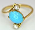An 18k yellow gold turquoise and pearl ring. 8x6mm turquoise cabochon, 3.3g total weight, size Image - 3
