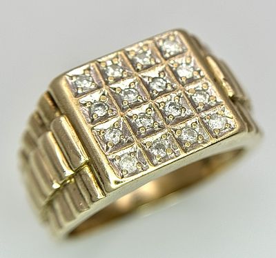 A 9K TWO COLOUR ROLEX STYLE DIAMOND SET RING. 7.7G. SIZE R/S. SC - 1007.