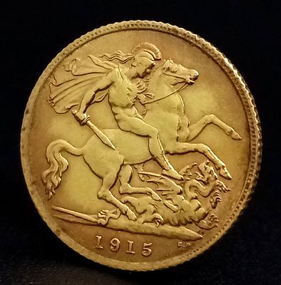 A 1915 King George, 22K Gold Half Sovereign Coin. A/S 1291.